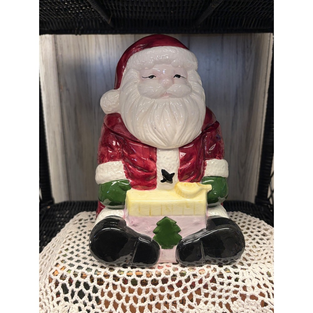Vintage Ceramic Santa Claus Cookie Jar Christmas Holiday Decor Red White Green